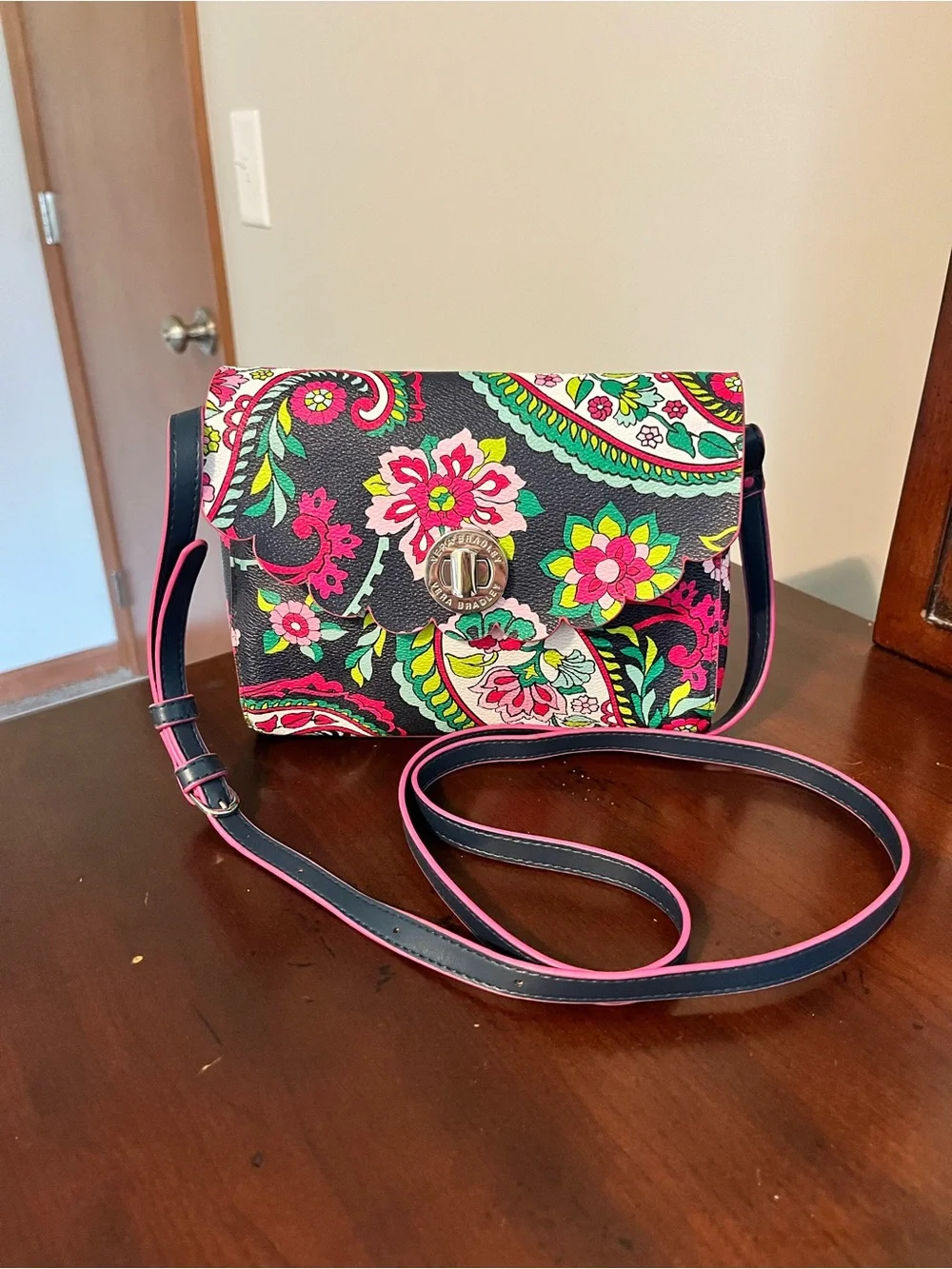 Vera Bradley Scalloped HipsterCrossbody with Pink & Green Floral Paisley Accents